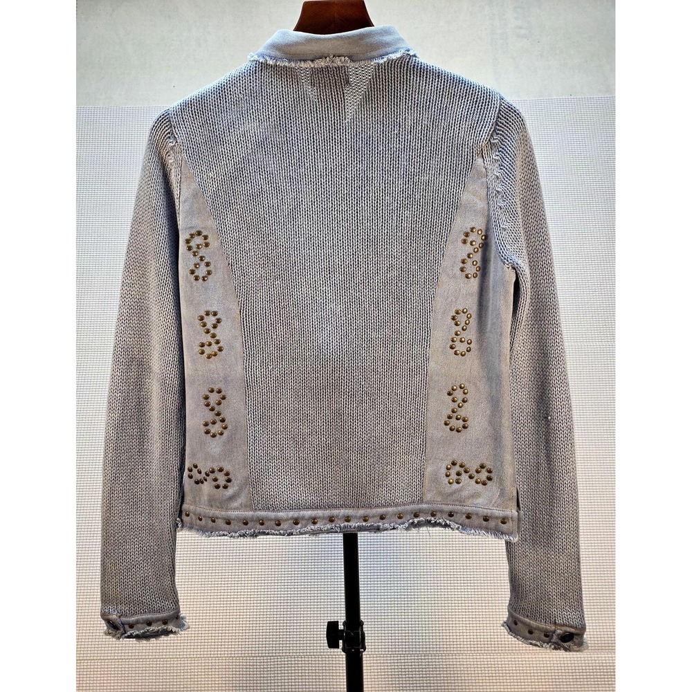 PBJ Blues VTG Denim Studded Knit Jacket Cardigan Blue Ramie Cotton Small Y2K - Picture 3 of 11